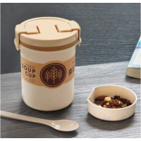 600ml Wheat Straw Soup Cup Plastic Buckle Leakproof Lunch Box Japanese Mini Bento Box with Brown Color